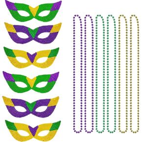 Set of 12 Pieces Mardi Gras Beads and Mardi Gras Masks Bulk, Mardi Gras Decorations, Mardi Gras Accessories for Women Girls