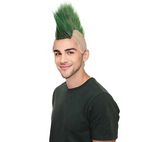 Adult Men’s Mohawk Wig, Cosplay & Halloween Celebrity Wig, Bald Cap Design, Flame-Retardant Synthetic Fiber -Color Green
