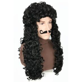 Black Long Curly Pirate Wig and Moustache Halloween Cosplay Costume Wig