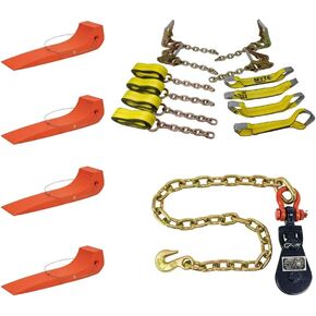 Mytee Products 8 Point Roll Back Vehicle Tie Down Kit with Chain Extension on Both Ends, Ratchet Handles - Working Load Limit 3333 LB - Tow Truck Straps Car Hauler Carrier Tie Down System