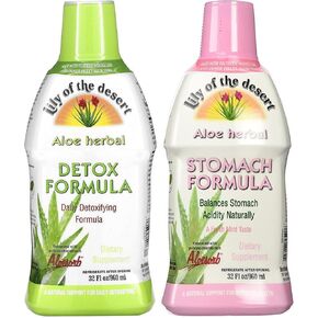 Lily Of The Desert Stomach Formula & Detox Formula Variety 2-Pack – Aloe Vera and Herbs for Gut Health, Liver Detox, Heartburn Relief, 32 Fl Oz Ea