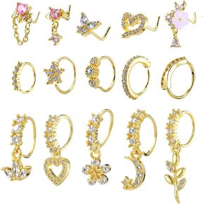 15pcs Dangle Nose Rings Hoops 20g Gold L Shaped Dangling Nose Stud Dangly Piercing Jewelry for Women Cz Cute Dangle Heart Flower Leaf Star Moon Shape