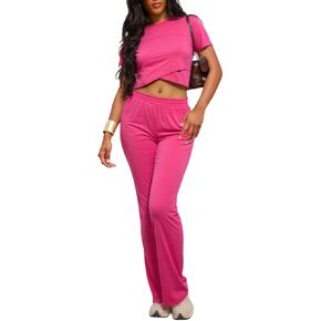 ZANZEA Women's Lounge Sets 2 Piece Workout Set Short Sleeve Crop Top and Wide Leg Outfits Athletic Tracksuits