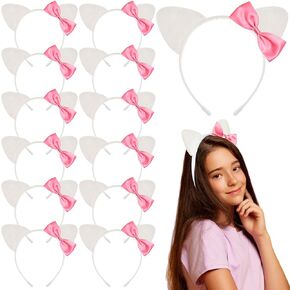 12 Pcs Kitty Cat Ears Headbands Hello Cat Birthday Party Favors Kitten Bow Decorations for Kitty Hair Accessories(Pink Polka Dots,Cute)