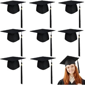 8 Pcs Black Graduation Cap with Tassel Adjustable Adult Graduation Hat for Women Men Graduation Supplies Fancy Dress Accessory Photo Props
