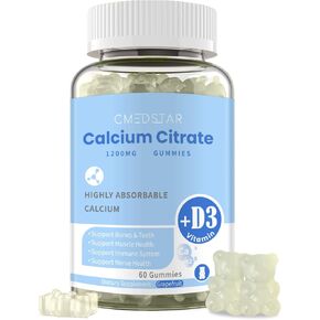 Calcium Citrate Gummies, Chewable Calcium Citrate 1200mg with Vitamin D3 & K2, Magnesium, Zinc for Women & Men, Supports Bone & Muscle Health, Boosts Immunity, Sugar-Free,Gluten-Free, Vegan, 60 Count