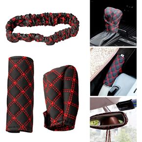 3-Piece Car Multi-Purpose Protective Cover Set, Leather Gear Lever, Handbrake & Rearview Mirror Covers, Universal (Red)