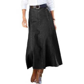 Flamingals A-LINE High RISE VINTAGE WASH STICK DEKIRT LONG DENIM SKIRT بدون حزام