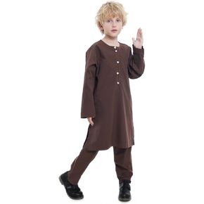 Boy's Muslim Arabic Kaftan Set - Middle East Clothing Long Sleeve Youth Boys' Solid Color Robe Suit Islamic Thobe