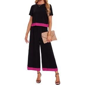HANERDUN 2 Piece Outfits Short Sleeve Top Wide Leg Pants Casual Lounge Sets Travel Tracksuits