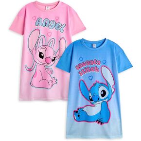 Disney Angel & Stitch Girls Nightdress Pajama Set Pack of 2 | Kids Character Graphic Print Long Sleeve Night T-Shirt & PJ