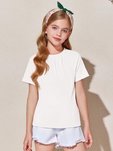 Haloumoning Girls Short Sleeve T Shirts Kids Summer Pleated Tops Casual Crewneck Tees 5-14 Years in Saudi Arabia