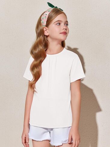 Haloumoning Girls Short Sleeve T Shirts Kids Summer Pleated Tops Casual Crewneck Tees 5-14 Years in Saudi Arabia