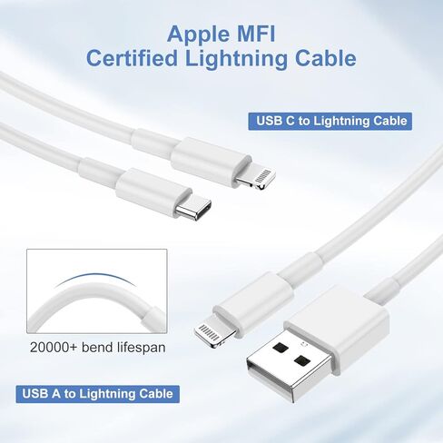 شاحن سيارة iPhone معتمد من Apple MFi، محول شاحن سيارة USB C شحن سريع لهاتف iPhone 13 Pro Max/12 Mini/11/XS/8/7/6/iPad، ولاعة سجائر مزدوجة المنفذ مع 2 كابل لايتنينج لشاحن iPhone in Kuwait