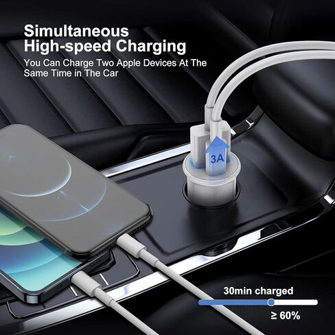 شاحن سيارة iPhone معتمد من Apple MFi، محول شاحن سيارة USB C شحن سريع لهاتف iPhone 13 Pro Max/12 Mini/11/XS/8/7/6/iPad، ولاعة سجائر مزدوجة المنفذ مع 2 كابل لايتنينج لشاحن iPhone in Kuwait