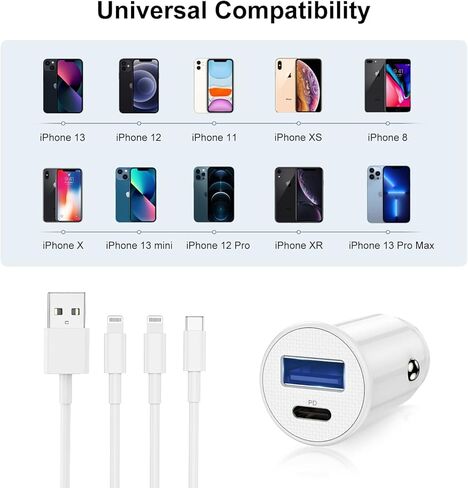 شاحن سيارة iPhone معتمد من Apple MFi، محول شاحن سيارة USB C شحن سريع لهاتف iPhone 13 Pro Max/12 Mini/11/XS/8/7/6/iPad، ولاعة سجائر مزدوجة المنفذ مع 2 كابل لايتنينج لشاحن iPhone in Kuwait