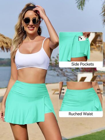 SHEKINI Women's High Waisted Swim Skirt Ruched Waist Bathing Suit Bottom with Two Side Pockets in Saudi Arabia