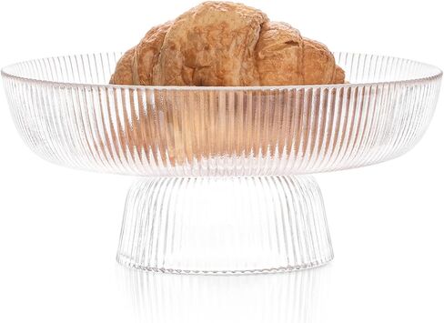 INSETLAN Elegant Glass Fruit Bowl - Clear Ribbed Fluted Pedestal Bowl for Fruits, Salads, Desserts, and Snacks - Decorative Centerpiece for Dining Table, Kitchen, or Living Room Décor (8inch) in Saudi Arabia