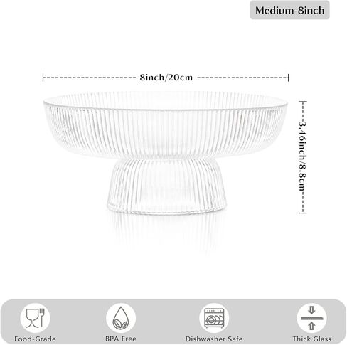 INSETLAN Elegant Glass Fruit Bowl - Clear Ribbed Fluted Pedestal Bowl for Fruits, Salads, Desserts, and Snacks - Decorative Centerpiece for Dining Table, Kitchen, or Living Room Décor (8inch) in Saudi Arabia