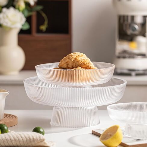 INSETLAN Elegant Glass Fruit Bowl - Clear Ribbed Fluted Pedestal Bowl for Fruits, Salads, Desserts, and Snacks - Decorative Centerpiece for Dining Table, Kitchen, or Living Room Décor (8inch) in Saudi Arabia
