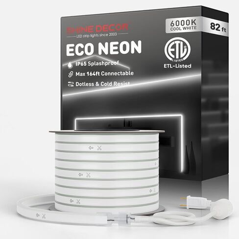 Shine Decor LED Rope Lights AC 120V, Connectable & Cuttable Dotless 120LEDs/M Eco Neon Strip Lighting, ETL IP65 Waterproof & Weather-Resistant for Home Commercial, 8x16mm, 6000K Cool White, 82FT in Kuwait