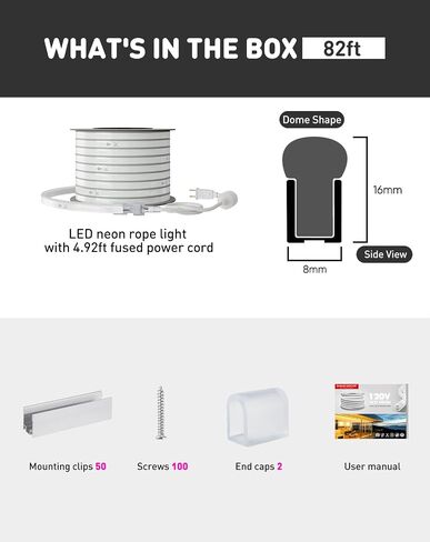 Shine Decor LED Rope Lights AC 120V, Connectable & Cuttable Dotless 120LEDs/M Eco Neon Strip Lighting, ETL IP65 Waterproof & Weather-Resistant for Home Commercial, 8x16mm, 6000K Cool White, 82FT in Kuwait