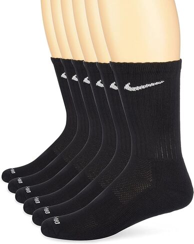 NIKE Dri-Fit Training Cotton Cushioned Crew Socks 6 PAIR White with Black Signature Swoosh Logo) LARGE 8-12 in Saudi Arabia