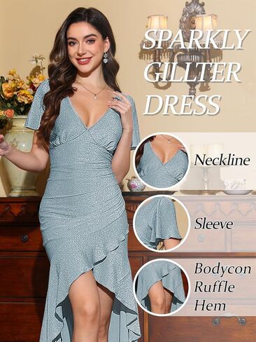 Women Formal Wedding Guest Sparkly Party Dress Ruffle Glitter Sequin Midi Evening Gown Prom Hi Low Cocktail Dresses in Saudi Arabia