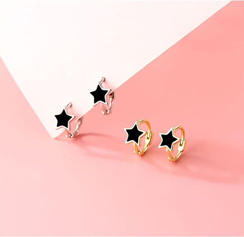 Reffeer Solid 925 Sterling Silver Black Star Huggie Earrings Hoops for Women Teens Small Star Hoop Earrings Cartilage Helix Earrings in Saudi Arabia