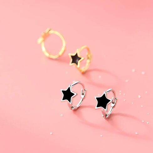 Reffeer Solid 925 Sterling Silver Black Star Huggie Earrings Hoops for Women Teens Small Star Hoop Earrings Cartilage Helix Earrings in Saudi Arabia