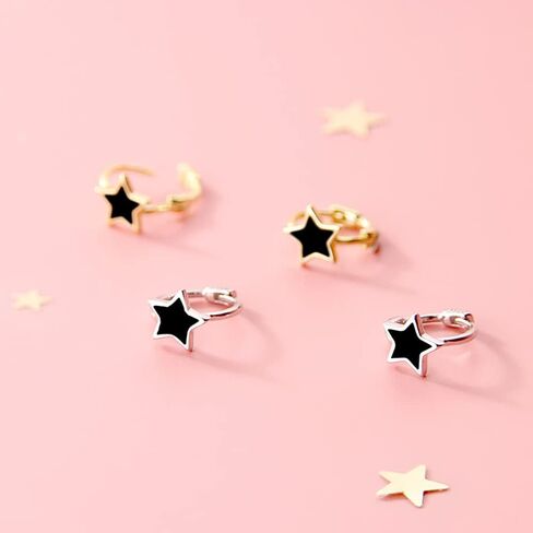 Reffeer Solid 925 Sterling Silver Black Star Huggie Earrings Hoops for Women Teens Small Star Hoop Earrings Cartilage Helix Earrings in Saudi Arabia