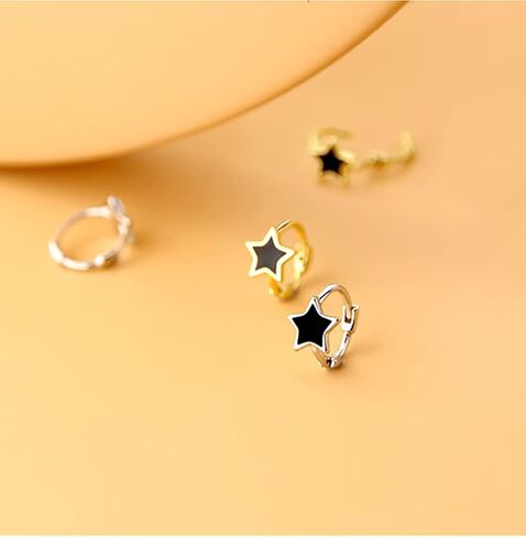 Reffeer Solid 925 Sterling Silver Black Star Huggie Earrings Hoops for Women Teens Small Star Hoop Earrings Cartilage Helix Earrings in Saudi Arabia