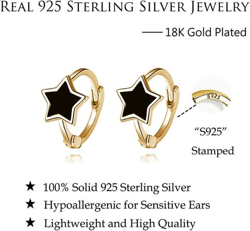 Reffeer Solid 925 Sterling Silver Black Star Huggie Earrings Hoops for Women Teens Small Star Hoop Earrings Cartilage Helix Earrings in Saudi Arabia