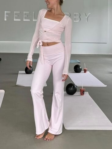 Women Ballet Wrap Tops Sets Athletic Pilates Tie Front Long Sleeve Shirt Sets Y2k Yoga Cross V Neck Fairy Blouse Sets in Saudi Arabia