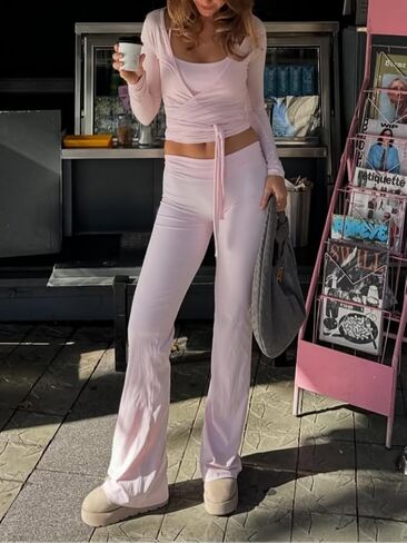 Women Ballet Wrap Tops Sets Athletic Pilates Tie Front Long Sleeve Shirt Sets Y2k Yoga Cross V Neck Fairy Blouse Sets in Saudi Arabia