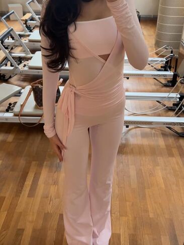 Women Ballet Wrap Tops Sets Athletic Pilates Tie Front Long Sleeve Shirt Sets Y2k Yoga Cross V Neck Fairy Blouse Sets in Saudi Arabia