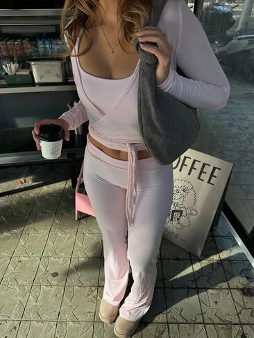 Women Ballet Wrap Tops Sets Athletic Pilates Tie Front Long Sleeve Shirt Sets Y2k Yoga Cross V Neck Fairy Blouse Sets in Saudi Arabia