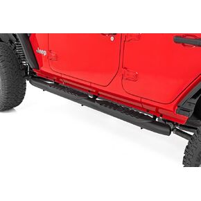 Rough Country Oval Nerf Steps for Jeep Wrangler Unlimited (2018-2025) 4-Door - OEM Style Rails with Built-in Side Steps