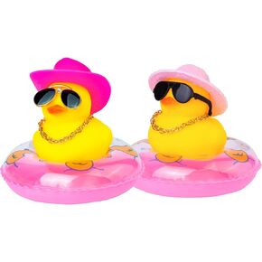 Car Rubber Duck 2Pcs Duck Car Dashboard Decorations Yellow Duck Car Ornaments for Car Dashboard Decoration Accessories with Mini Swim Ring Sun Hat Necklace and Sunglasses