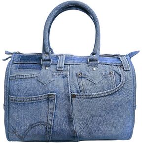 Upcycling Blue Denim Jeans Large Bowler Style Double Top Handle Convertible Shoulder Handbag Purse BNL100 (Medium Shade)