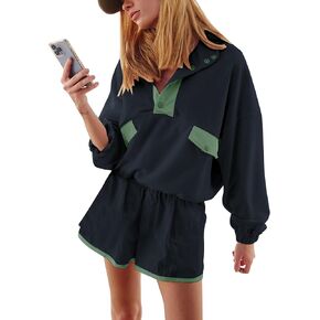 Womens 2 Piece Outfits Quarter Button Sweatsuit Oversized Y2k Color Block Sweatshirts Workout Lounge Shorts Sets 2025 in Kuwait