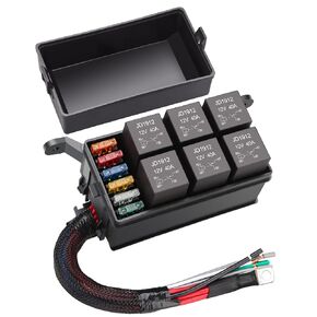 12V Fuse Relay Box, 6 Way Relay Fuse Box, with 12 AWG Pre-Wired, 6 Relays and 6 ATC/ATO Blade Fuses, 4-Pin Relay Box Block Kit, for Cars Truck Marine Boat Jeep (1)