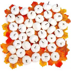 DomeStar 36PCS Mini White Pumpkins for Decoration, Mini White Foam Pumpkins Fake Maple Leaves for Fall Wedding Thanksgiving Table Decor