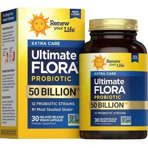 Ultimate Flora Probiotics 50 Billion CFU Delayed Release Vegan Capsules | Extra Care | Digestive Health | Immune Health | Dairy Free | 30 Count