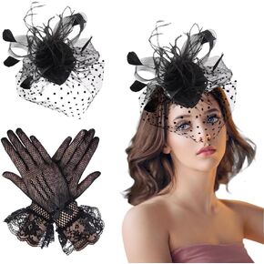 Fascinators Hat with Lace Gloves, Tea Party Hat 1920s Vintage Hats for Women, Flower Headpiece Headwear Gloves for Black Wedding Halloween Party