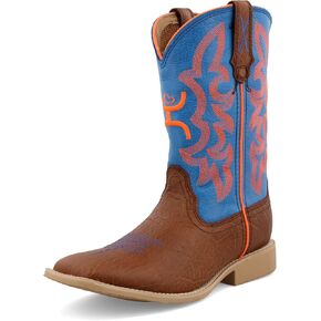 Boot Hooey's Twisted X Kid ، إصبع قدم مربع جديد ، Cognac Bullhide & Neon Blue (M 1-6) ، 6 M
