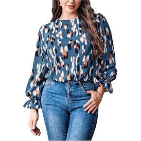OYOANGLE Women's Plus Size Allover Print Lantern Long Sleeve Blouse Casual Business Shirt Tops Teal Blue 2XL
