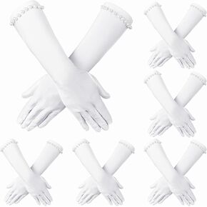6 Pairs Princess Long Satin Gloves Pearl 15 Inch Elbow Length White Opera Gloves for Women Brides Wedding Birthday
