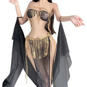 SNOMYRS Rave Outfit Sexy Cosplay Lingerie Fringe Sequin Bikini Set Lace Mesh Skirt Cover Up Qipao Cheongsam Egyptian Costumes, Black