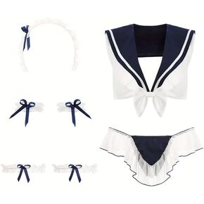 1SET Sexy Sailor Play-Play Whood with Bow Mesh Bra و Shuffle Thong Women’s Lingerne Inside Blue